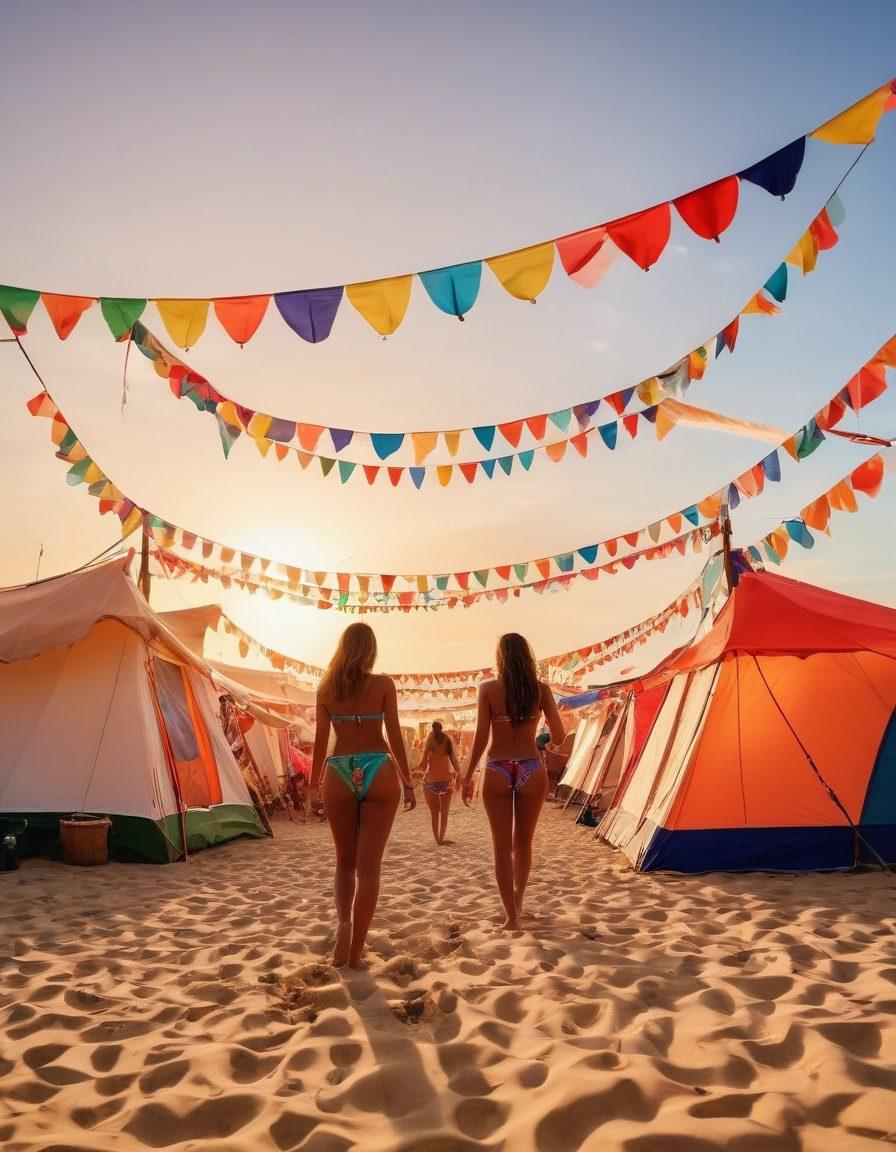 A vibrant festival scene showcasing lively Midwestern celebrations, with people wearing colorful bikinis under bright flags and decorations. Emphasize sandy beach elements like beach balls and flip flops, surrounded by lush green fields and tents. Capture the essence of joy and freedom in summer festivities. Incorporate a sunset in the background for warmth and nostalgia. super-realistic. vibrant colors. summer festival atmosphere.